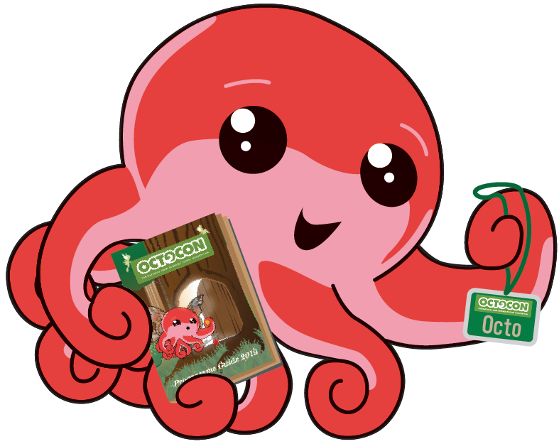 Octo holding a programme booklet and convention badge